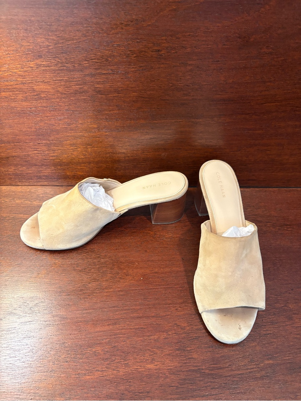 Cole Haan Tan Suede Open-Toe Block Heel Mules